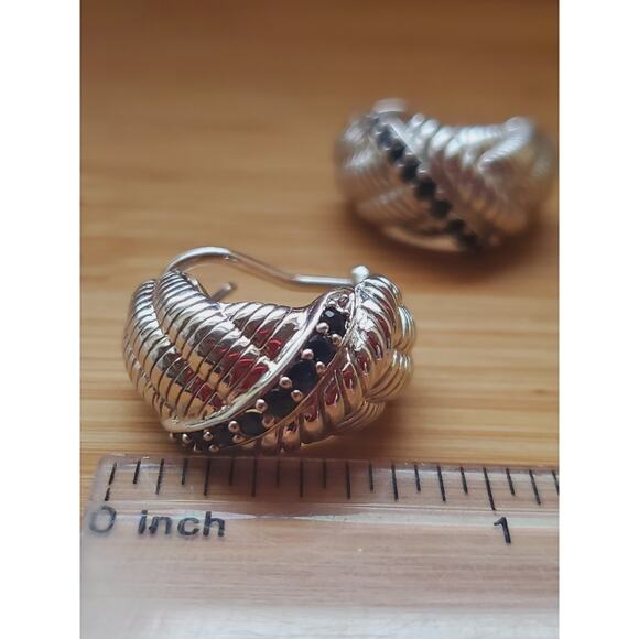 Judith Ripka Blue Sapphire Sterling Silver Hoop Omega Post Earrings 925 - Picture 6 of 8